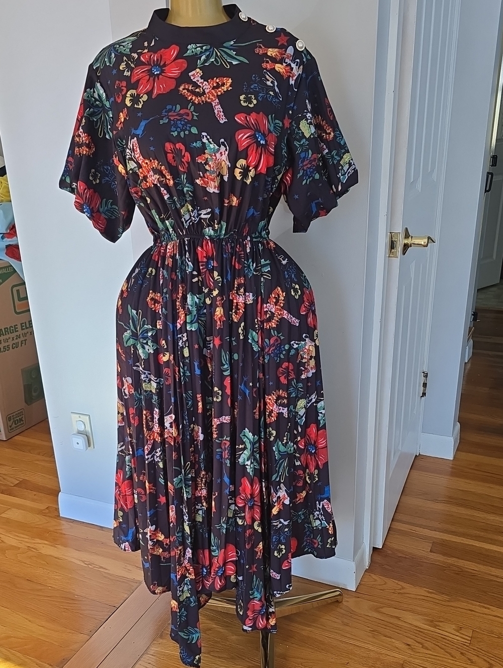 Black Floral Maxi Dress with Red & Green Blooms